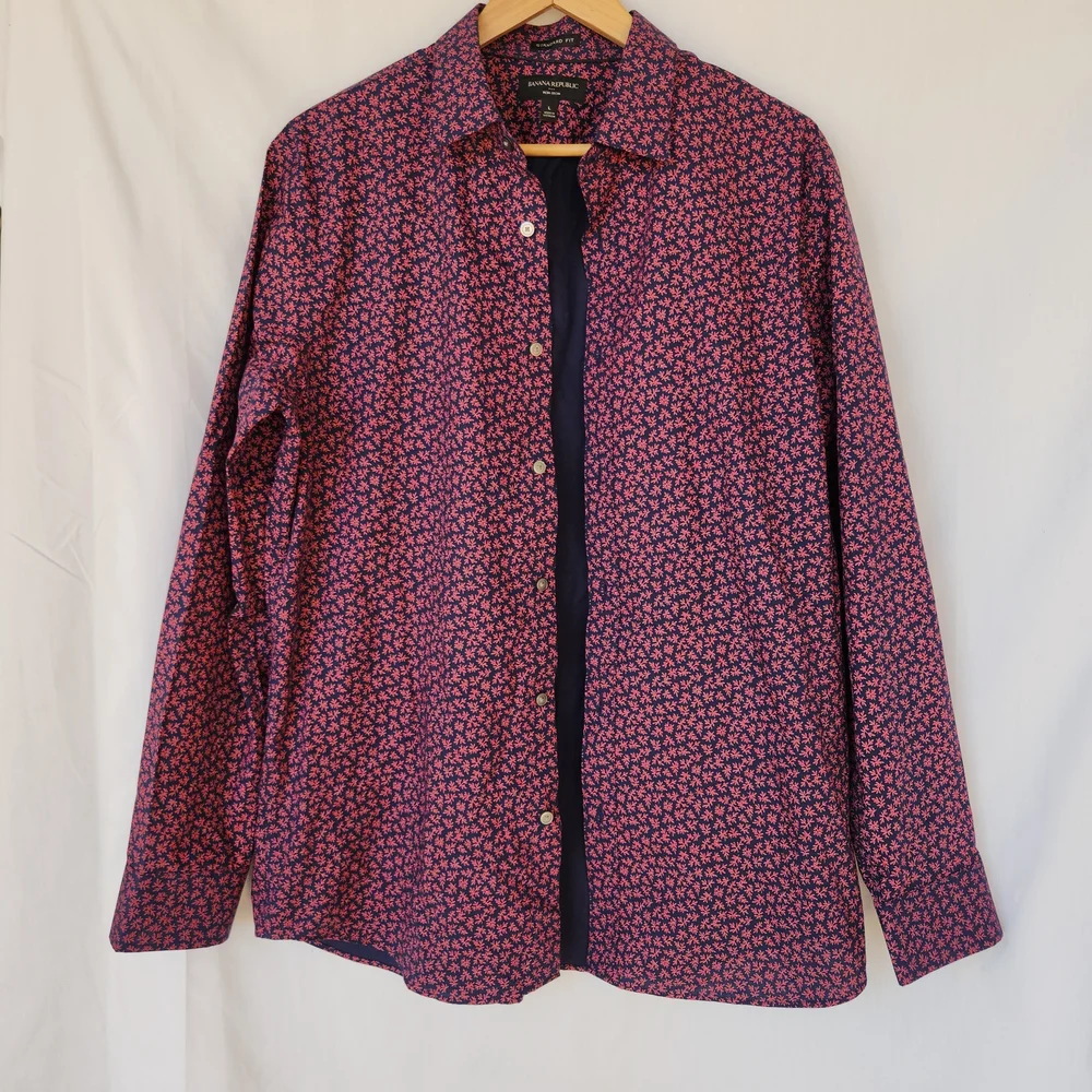 Banana Republic Navy Blue Pink Floral Non Iron Long Sleeve Dress Botton Up L Y2K